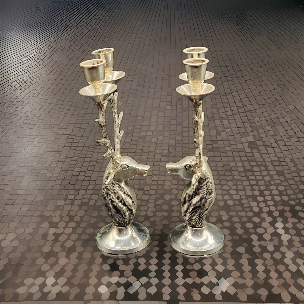 Pair Of Reindeer 10" Silver Metal Candlestick Holders Christmas Holiday Decor